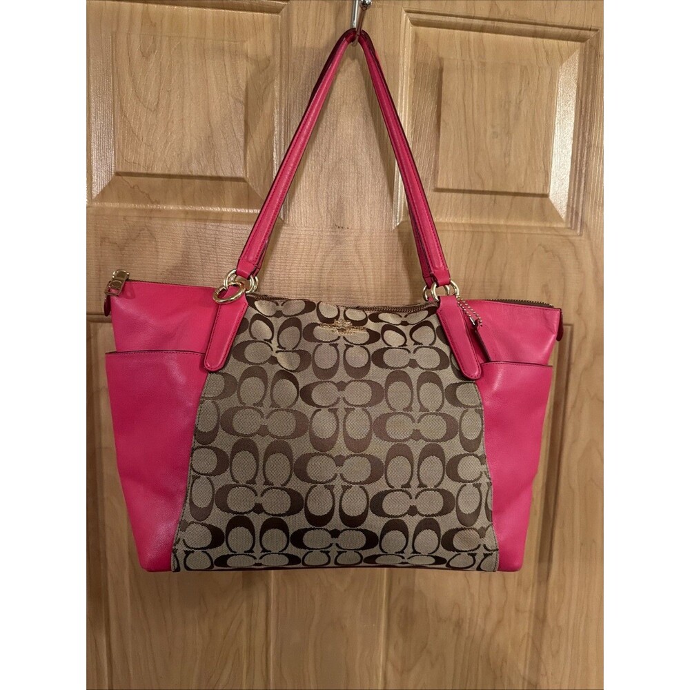 Coach Ava F37231 Signature Khaki Tote/ Pink Leather. Very Good Pre owned Cond!